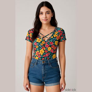 White Birch Floral Bodysuit Small Crisscross V Neck Top